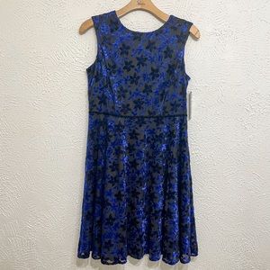 Tahari Asl Black Blue Fairy Fantasy Sparkle Floral Velour Fit & Flare Dress 14